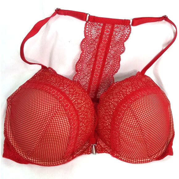 Victorias Secret Bra Very Sexy Red Push Up Front Closure Fishnet Lace Size 34DD - Picture 1 of 13